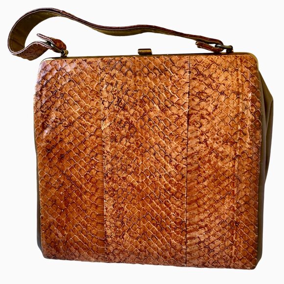 Vintage Snakeskin Handbag Structured Top Handle Clasp Purse Pocketbook - Picture 3 of 13